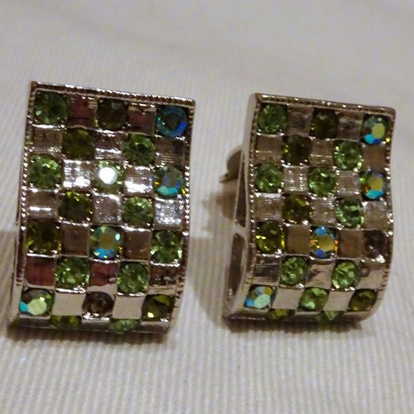 Neiman Marcus Crystal Aurora Borealis Crystal Rhinestones Damier Clip Earrings - Picture 2 of 7